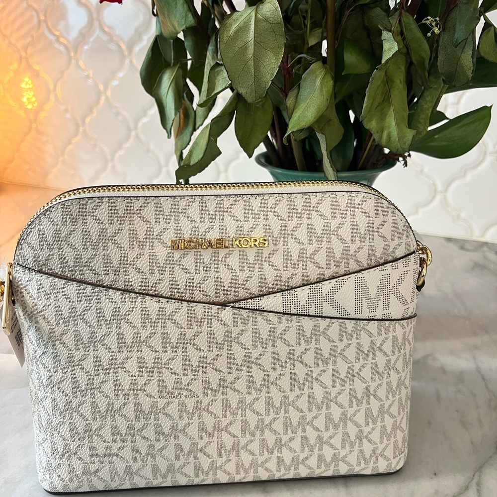 Michael Kors Cream Monogram Crossbody Bag with Gold Hardware